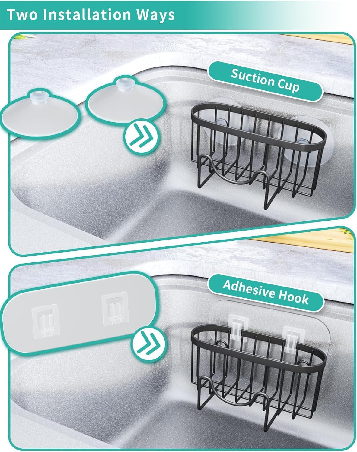 2 in 1 Kitchen Sink Caddy - SUS304 Sponge Holder for Kitchen Sink | No Drilling Kitchen Sink Organizer, Stainless Steel Kitchen Sponge Holder for Stopper, Dish Sponges, Brush