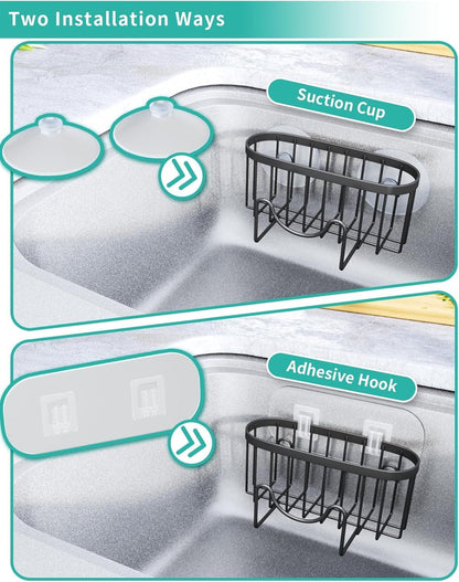 2 in 1 Kitchen Sink Caddy - SUS304 Sponge Holder for Kitchen Sink | No Drilling Kitchen Sink Organizer, Stainless Steel Kitchen Sponge Holder for Stopper, Dish Sponges, Brush