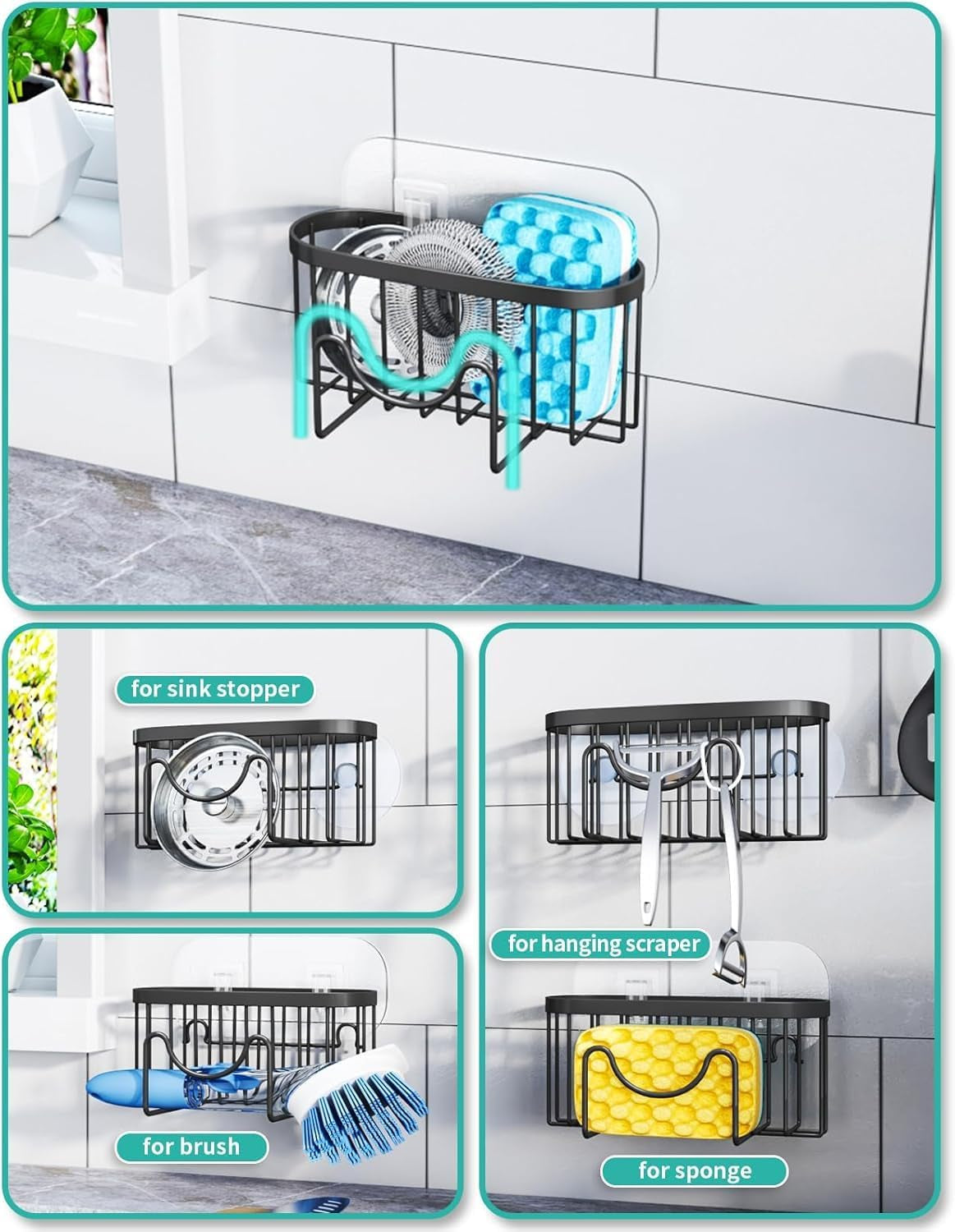 2 in 1 Kitchen Sink Caddy - SUS304 Sponge Holder for Kitchen Sink | No Drilling Kitchen Sink Organizer, Stainless Steel Kitchen Sponge Holder for Stopper, Dish Sponges, Brush