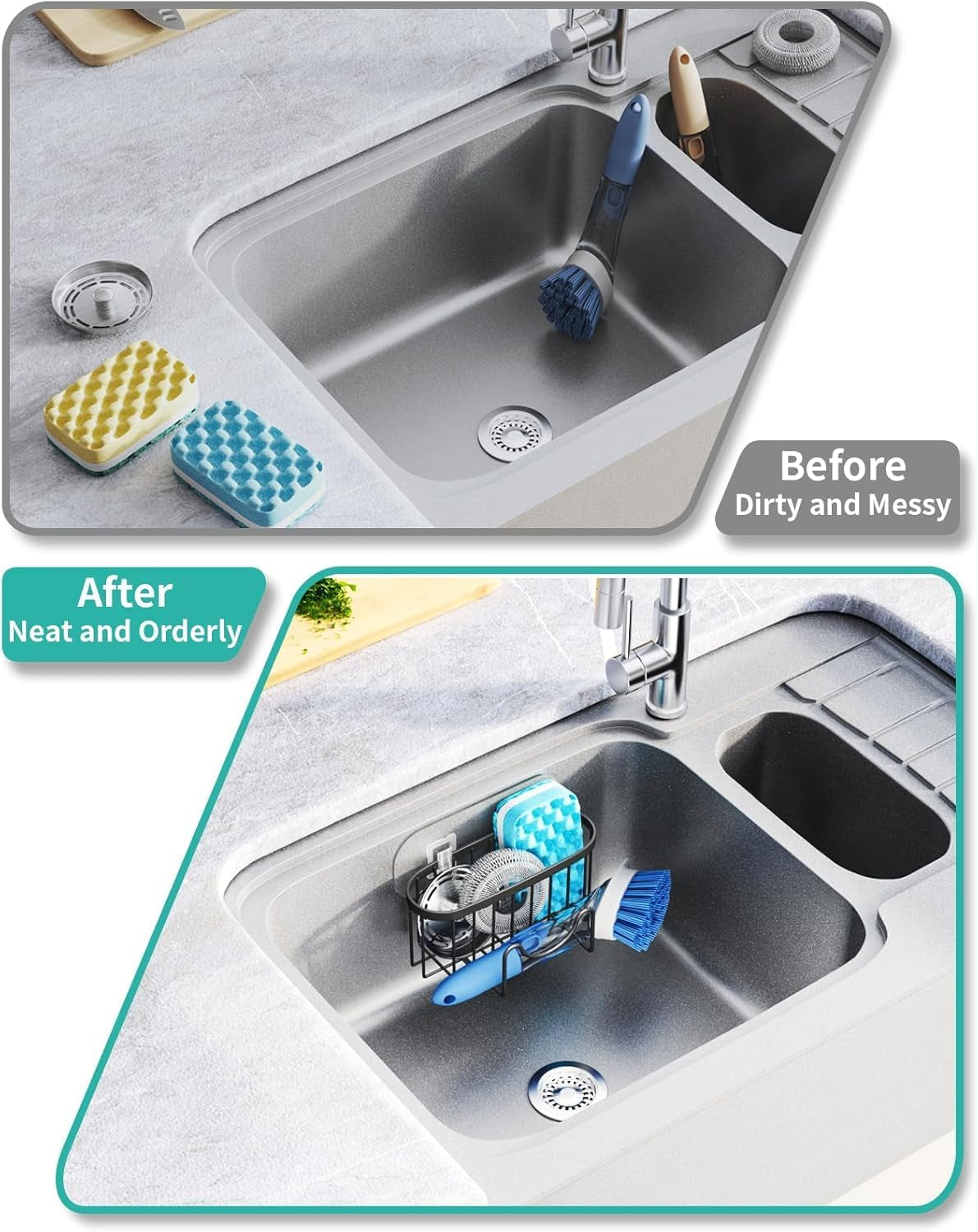 2 in 1 Kitchen Sink Caddy - SUS304 Sponge Holder for Kitchen Sink | No Drilling Kitchen Sink Organizer, Stainless Steel Kitchen Sponge Holder for Stopper, Dish Sponges, Brush