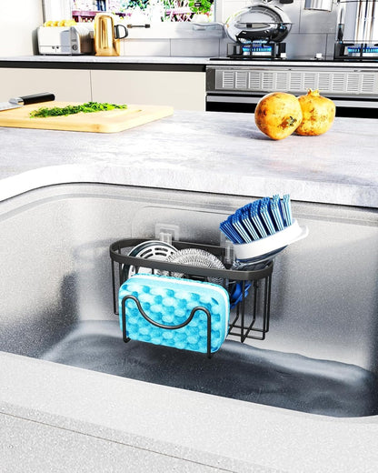 2 in 1 Kitchen Sink Caddy - SUS304 Sponge Holder for Kitchen Sink | No Drilling Kitchen Sink Organizer, Stainless Steel Kitchen Sponge Holder for Stopper, Dish Sponges, Brush